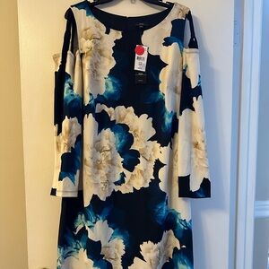 R&K Blue and Cream Floral Long Sleeve Cold Shoulder Dress